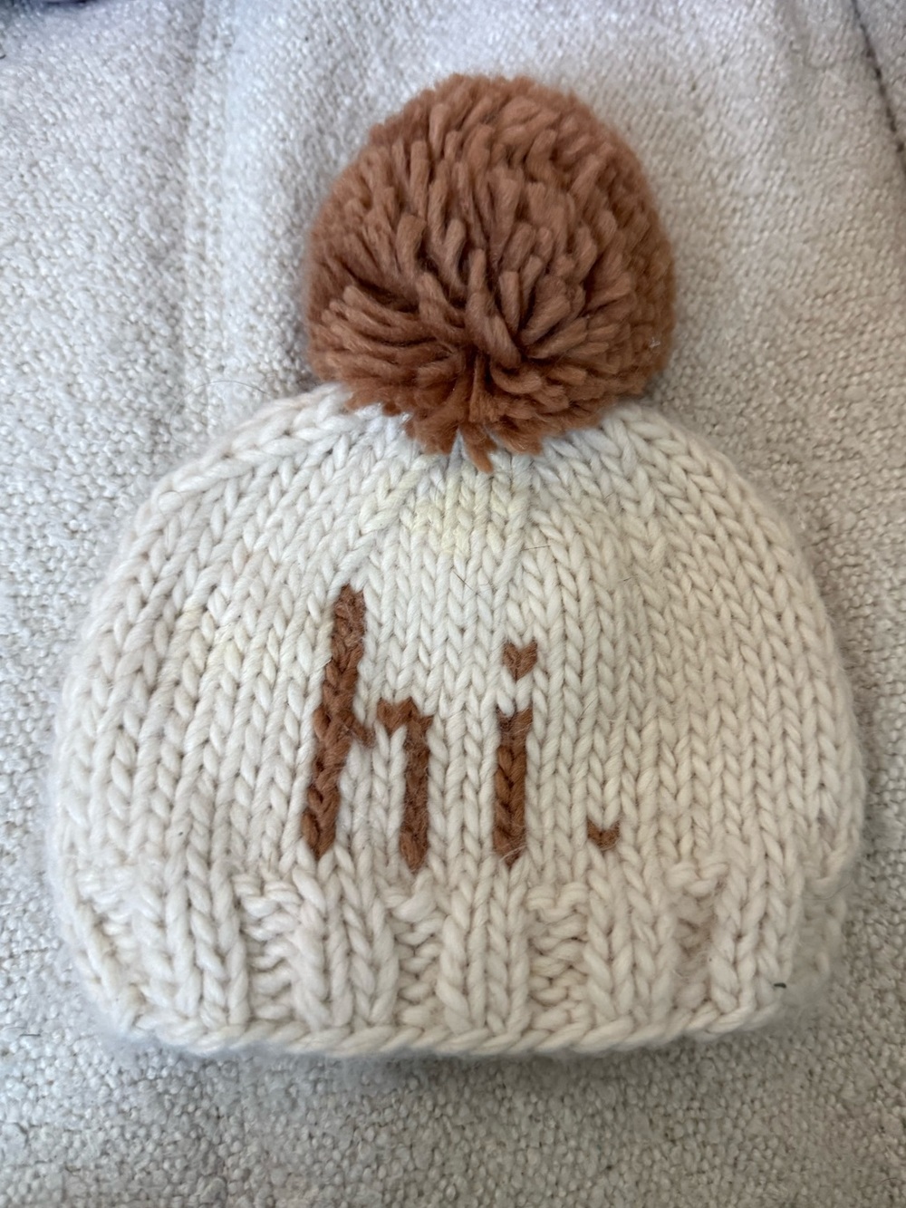 Cream Knit Pom Beanie with Brown 'hi' Accent, 0-6 Months